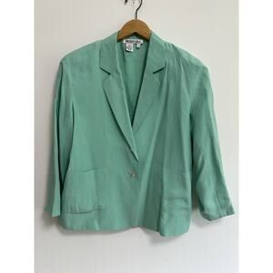 Women’s 100% Silk Winter Silks Green Blue Blazer Size LP Basic Layering Classic‎
